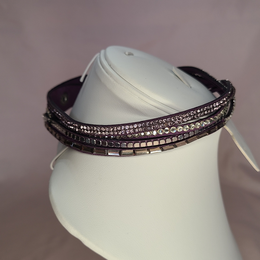 Faux Leather Deep Purple Rhinestone Layered Wide Bracelet Snap Closure Choker - Picture 4 of 8